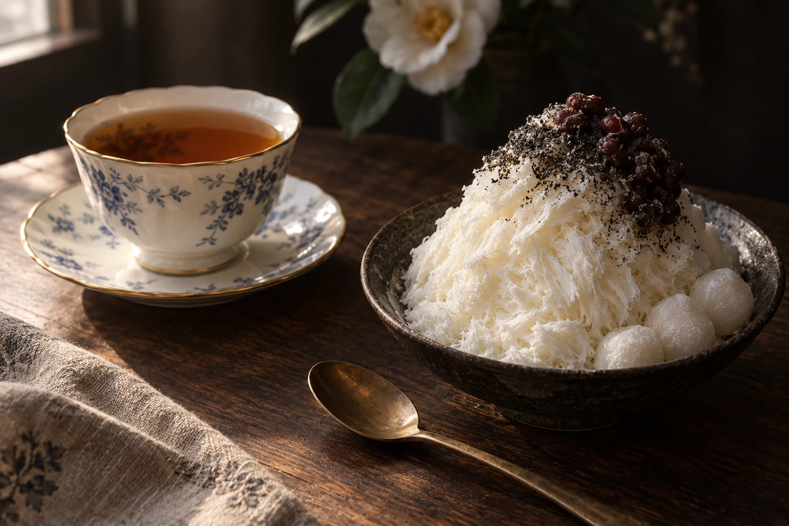 Illustrative tea-room still life with an antique cup, shaved ice, red beans and mochi; not a photograph of Camellia Bell interior or exact inventory.